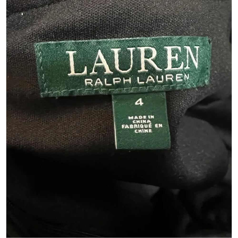 Lauren Ralph Lauren Sz 4 Black Ruffled Neck Faux Wrap Crepe Knit Sheath Dress